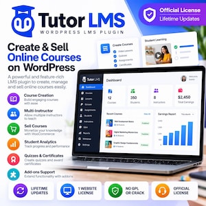 Puede incluir: Un portátil que muestra el panel del plugin de WordPress Tutor LMS con análisis, listas de cursos y datos de estudiantes. El gráfico incluye texto que detalla funciones como la creación de cursos, soporte multi-instructor y actualizaciones de por vida.
