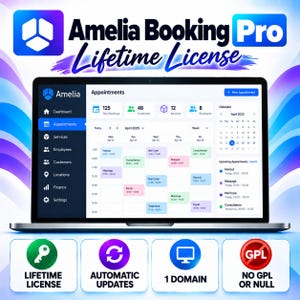 Amelia Booking Pro License, WordPress Booking Plugin, Appointment Scheduler, Online Booking System, 1 Website License, Lifetime Updates