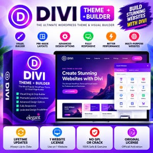 May include: A purple and blue product box for Divi Theme and Builder, featuring a laptop screen displaying a website interface with a module insertion menu, surrounded by icons and text highlighting features like visual builder and responsive design.