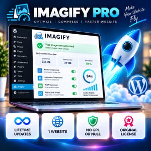 Puede incluir: Un portátil que muestra el panel de control de Imagify Pro con estadísticas de optimización, incluyendo un tamaño original de 245 MB y un tamaño optimizado de 39 MB. Un gráfico de cohete azul y blanco aparece junto a la pantalla, con cuatro iconos.
