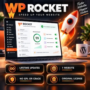 May include: A laptop screen displays the WP Rocket WordPress plugin dashboard with a 99 website speed score. A rocket graphic launches upward. Four glowing rectangular buttons below list features: Lifetime Updates, 1 Website, No GPL or Crack, and Original License.
