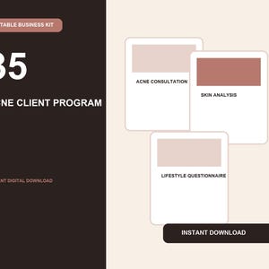 Könnte beinhalten: Ein bearbeitbares Business-Kit für ein Akne-Kundenprogramm mit drei weißen rechteckigen Karten mit zartrosa Kopfzeilen. Der Text umfasst ACNE CONSULTATION, SKIN ANALYSIS, LIFESTYLE QUESTIONNAIRE, 35 ACNE CLIENT PROGRAM und INSTANT DOWNLOAD.