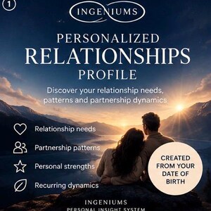 Puede incluir: Un gráfico digital titulado INGENIUMS PERSONALIZED RELATIONSHIPS PROFILE que muestra un atardecer sobre montañas y un lago. Dos personas están sentadas sobre una roca. El texto incluye: Discover your relationship needs, patterns and partnership dynamics. CREATED FROM YOUR DATE OF BIRTH.