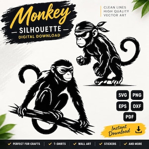 Può includere: Un download digitale con due sagome nere di scimmie. Una scimmia indossa una fascia, l'altra è seduta su un ramo. Il testo include Monkey Silhouette, Clean Lines High Quality Vector Art, SVG, PNG, EPS, DXF, PDF e Instant Download.