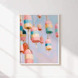 Pastel Fishing Buoys, Pink Aqua Coastal Wall Art Printable