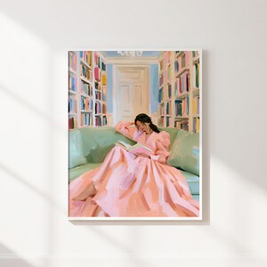 Pink Library Reader Print, Pastel Woman Reading Wall Art, Digital Download