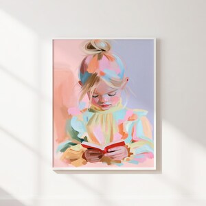Pastel Girl Reading Print, Colorful Book Lover Nursery Wall Art Digital Download