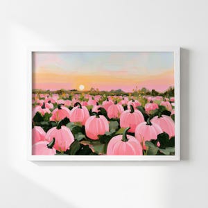 Pink Pumpkin Patch Sunset Print, Pastel Fall Landscape Digital Wall Art