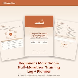 Könnte beinhalten: Ein 12-seitiges druckbares und digitales Arbeitsbuch mit dem Titel A Beginner's Marathon or Half-Marathon Training Log & Planner. Das Cover zeigt eine minimalistische Sonnengrafik, während die Innenseiten ein Trainingszyklus-Diagramm zeigen.