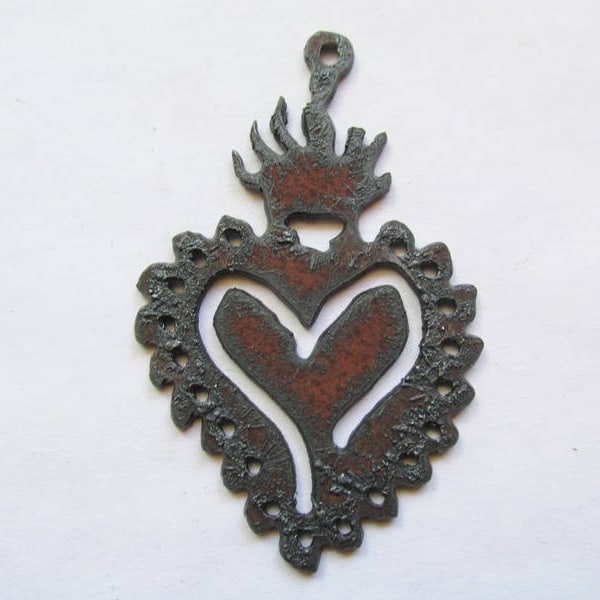 Sacrted Heart with flames rustic rusty recycled metal #RM-157