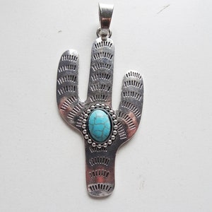 Antique silver Cactus jewelry pendant with faux Turquoise stone  #MP-109