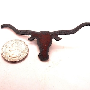 May include: A metal longhorn steer head cutout with a brown patina finish. The cutout is approximately the size of a US quarter.