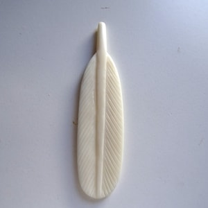 May include: A white carved bone feather pendant. The feather is detailed with lines and a central vein.