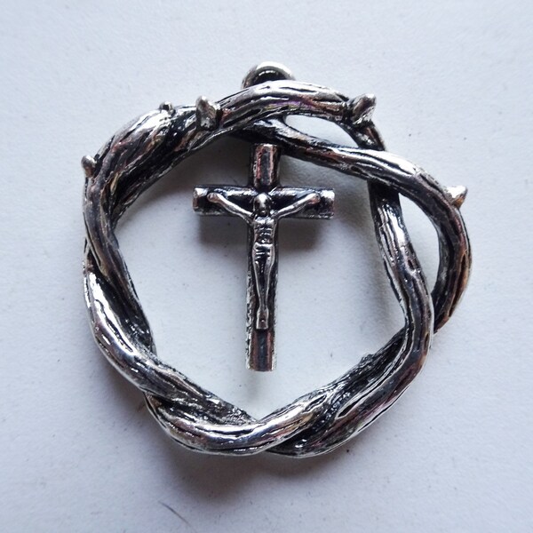 Antique silver cross with rose of thorns jewelry pendant religious #Pen-5