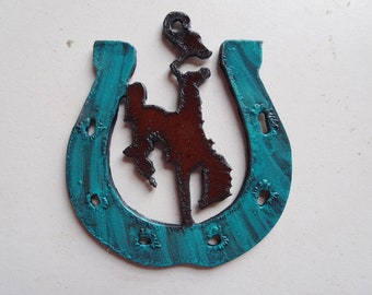 Horse shoe Bronc rider rustic rusty pendant #PAT-28