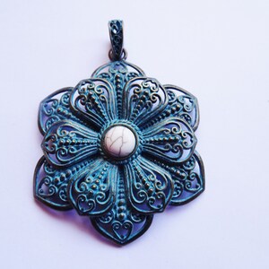 Bronze with Turquoise patina and white stone flower jewelry pendant  #RM-338-A