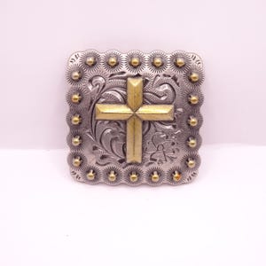Antique silver and brass square cross concho screw back concho  #crosscnch
