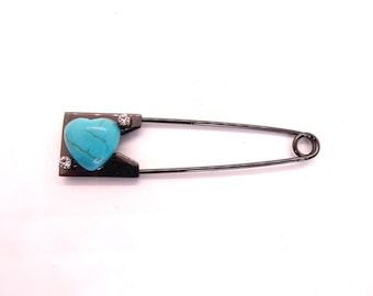 Hat pin safety pin gun metal with heart stone  #Pen-56