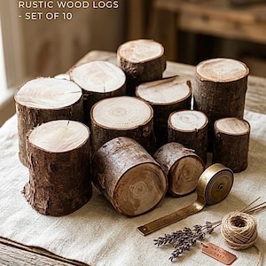 May include: A set of 10 hand-selected rustic wood logs with natural bark edges and light-coloured circular tops. A gold-coloured metal measuring tape is positioned next to the logs, showing a measurement of 7.6 cm on the tape's scale.
