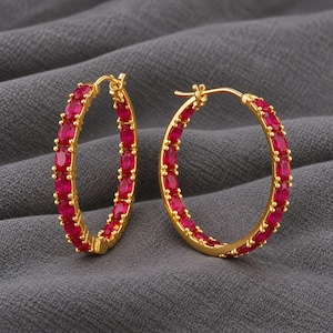 Boucles d'oreilles créoles en rubis, plaquées or argent sterling 925, rubis ovale naturel de 5 x 3 mm serti à l'intérieur, pierre de naissance de juillet.