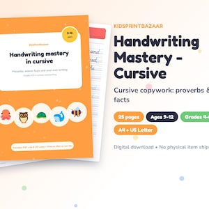 Puede incluir: Un cuaderno de ejercicios educativo digital titulado Handwriting Mastery - Cursive con una portada naranja que incluye ilustraciones de un pulpo, búho, tortuga, ballena y abeja. El texto incluye Handwriting mastery in cursive, Proverb, animal facts and your own writing, Ages 9-12, Grades 4-6, 25 pages y A4 + US Letter.