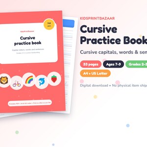 May include: A coral-coloured cursive practice book with a white cover panel featuring the text Cursive practice book, Capital letters, words and sentences, Grades 2-3, and icons of a lion, bicycle, rainbow, dolphin, and strawberry.