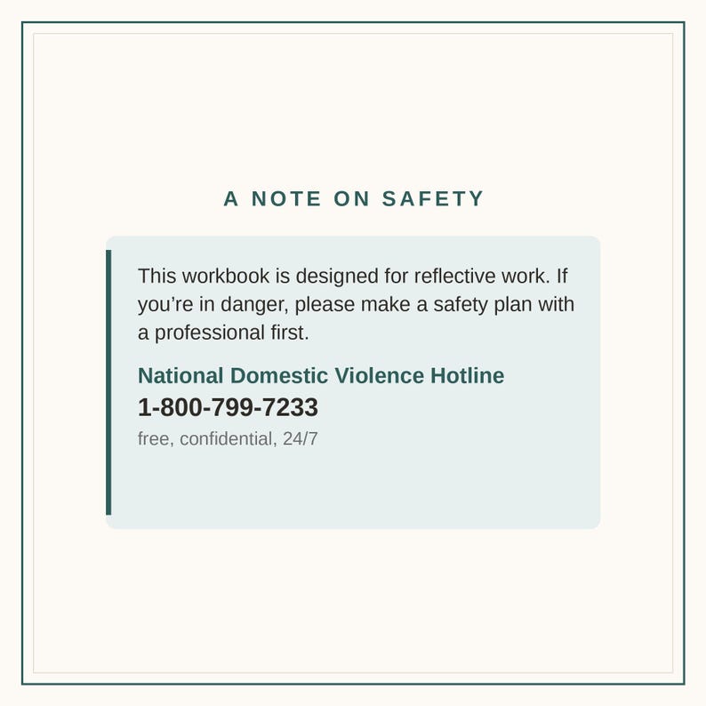 May include: A rectangular informational graphic with a dark green border and cream background. The text reads: A NOTE ON SAFETY. This workbook is designed for reflective work. If you're in danger, please make a safety plan with a professional first. National Domestic Violence Hotline 1-800-799-7233 free, confidential, 24/7.