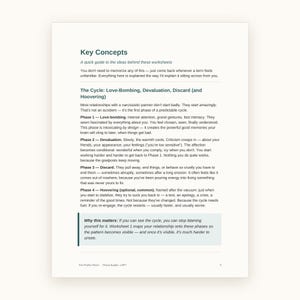 May include: A printed document titled Key Concepts, featuring a guide to relationship cycles. The text outlines four phases: Love-bombing, Devaluation, Discard, and Hoovering, with a concluding section titled Why this matters, all in dark text on white.