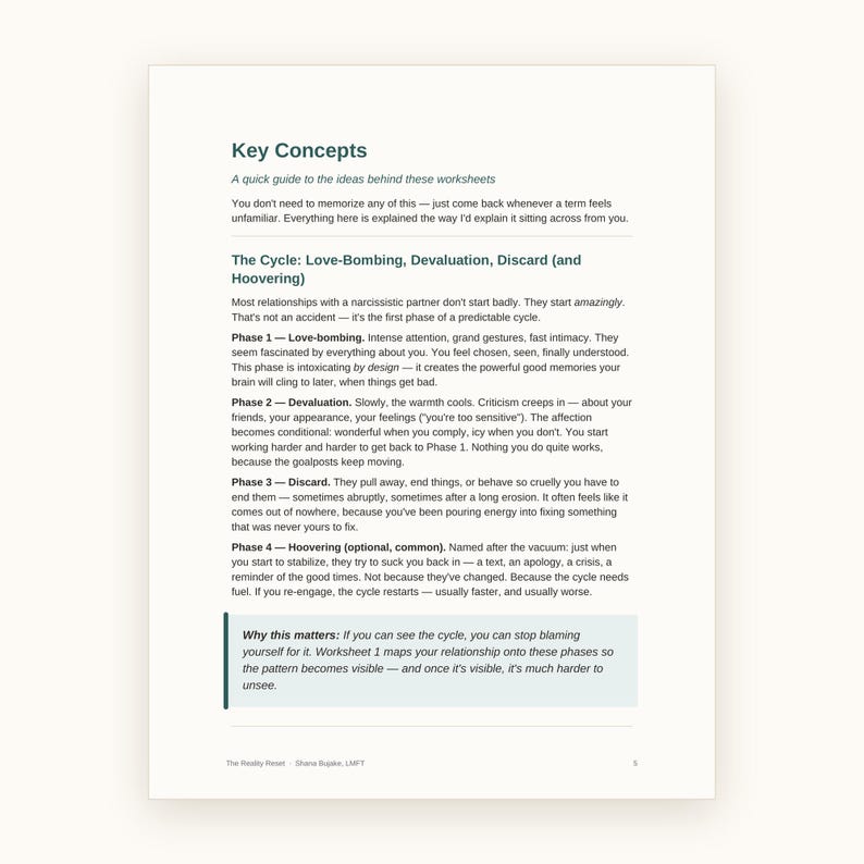 May include: A printed document titled Key Concepts, featuring a guide to relationship cycles. The text outlines four phases: Love-bombing, Devaluation, Discard, and Hoovering, with a concluding section titled Why this matters, all in dark text on white.