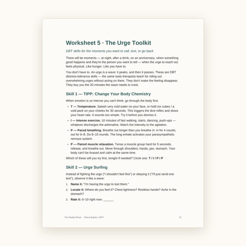 May include: A white worksheet titled Worksheet 5 The Urge Toolkit with dark blue text. It outlines DBT skills for managing urges, including TIPP for changing body chemistry with temperature, intense exercise, paced breathing, and paired muscle relaxation.