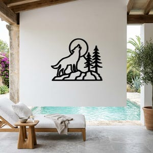 Wolf Howling at Moon Metal Wall Art, Mountain Wolf Decor, Pine Forest Silhouette,Wildlife Wall Hanging,Rustic Cabin Art,Gift for Wolf Lovers