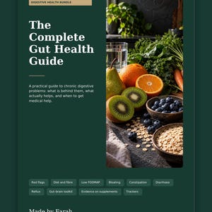 Könnte beinhalten: Ein 22-seitiger digitaler Ratgeber mit dem Titel Complete Gut Health Guide auf dunkelgrünem Hintergrund, mit einem Foto von frischen Lebensmitteln wie Birne, Orange, Kiwi, Blaubeeren, Haferflocken und einem Glas Wasser sowie Textfeldern.