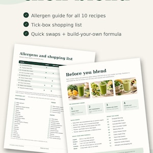 Op de afbeelding: Een digitale gids getiteld Plan, shop, then blend met een allergenengids, boodschappenlijst en receptinstructies. De pagina's bevatten tekst, selectievakjes en afbeeldingen van groene smoothies, samen met secties voor vervangende ingrediënten.