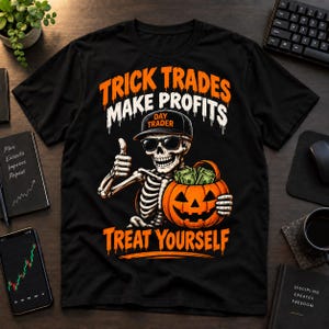 以下が含まれることがあります： 黒いTシャツで、DAY TRADERと書かれた黒いキャップとサングラスを着用した骸骨のグラフィックが描かれています。骸骨は親指を立てており、現金が入ったジャック・オー・ランタンを持っています。テキストにはTRICK TRADES MAKE PROFITS TREAT YOURSELFと書かれています。