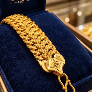 Puede incluir: Una pulsera ancha de oro con un patrón de eslabones en forma de chevrón texturizados y entrelazados, y un cierre prominente en forma de estrella con gancho. La joya se presenta en un estuche de terciopelo azul oscuro con el texto ZarishaJewels.