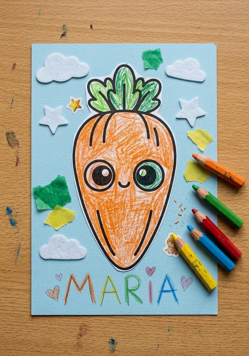 Puede incluir: Una tarjeta azul claro con una zanahoria naranja coloreada a mano con una cara sonriente y hojas verdes. La tarjeta est&aacute; decorada con nubes de fieltro blanco, estrellas peque&ntilde;as y trozos de papel de colores. El nombre MARIA est&aacute; escrito en letras.