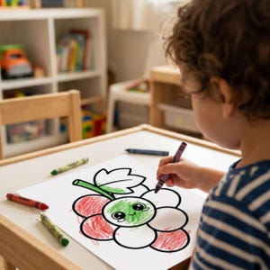 Puede incluir: Una hoja de papel blanca con un dibujo de contorno negro de un racimo de uvas con una cara sonriente, parcialmente coloreado en rojo y verde. Varios crayones de cera rojos, verdes y morados est&aacute;n esparcidos sobre la mesa.