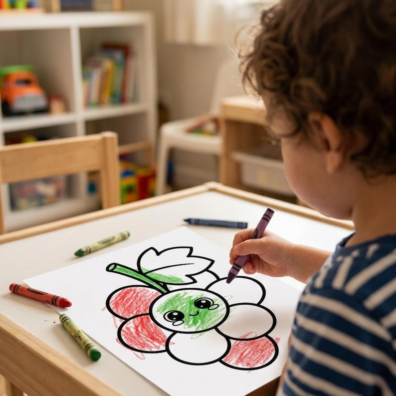 Puede incluir: Una hoja de papel blanca con un dibujo de contorno negro de un racimo de uvas con una cara sonriente, parcialmente coloreado en rojo y verde. Varios crayones de cera rojos, verdes y morados est&aacute;n esparcidos sobre la mesa.