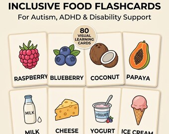 Tarjetas didácticas sobre alimentos inclusivos para personas con autismo, TDAH y discapacidad (PDF digital)