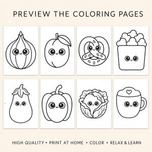 Puede incluir: Un conjunto de ocho p&aacute;ginas para colorear en blanco y negro con ilustraciones kawaii de alimentos, incluyendo una cebolla, un melocot&oacute;n, un pretzel, palomitas, una berenjena, un pimiento, una col y una taza con un coraz&oacute;n. Texto: PREVIEW THE COLORING PAGES.