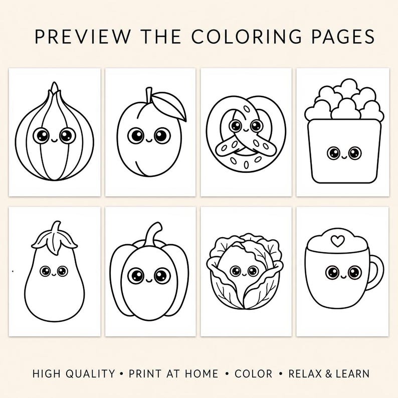 Puede incluir: Un conjunto de ocho p&aacute;ginas para colorear en blanco y negro con ilustraciones kawaii de alimentos, incluyendo una cebolla, un melocot&oacute;n, un pretzel, palomitas, una berenjena, un pimiento, una col y una taza con un coraz&oacute;n. Texto: PREVIEW THE COLORING PAGES.