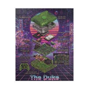 Könnte beinhalten: Ein Puzzle mit einer Explosionszeichnung einer durchscheinend grünen Spielkonsole. Das Design enthält Beschriftungen für Komponenten wie die Hauptplatine, das Festplattenlaufwerk und das Netzteil vor einem Retro-Neon-Gitterhintergrund.