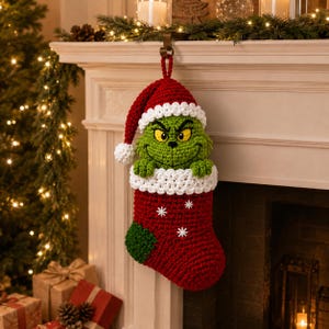 Peut inclure: Une chaussette de Noël en crochet faite à la main représentant un personnage vert aux yeux jaunes avec une expression malicieuse, portant un bonnet de Père Noël rouge et blanc. Le corps est rouge avec des flocons blancs et un talon vert.