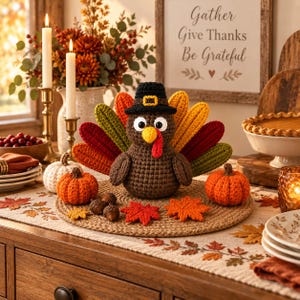 May include: A brown crocheted turkey figurine wearing a black pilgrim hat with a yellow buckle, surrounded by two small crocheted orange pumpkins, a white crocheted pumpkin, three brown acorns, and several crocheted autumn leaves.