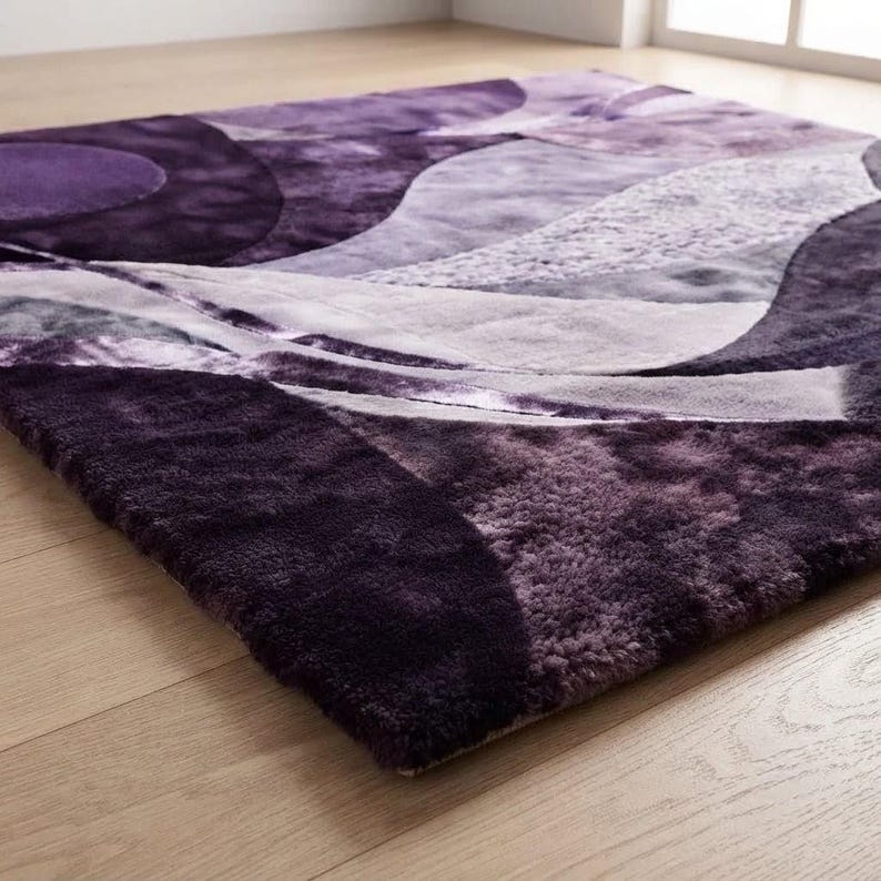 Abstract Purple Velvet Rug, Textured Wave Moon Carpet, Modern Art Floor ...