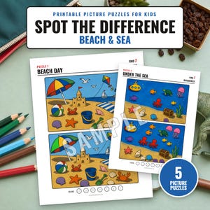 May include: Two printable activity sheets for kids featuring spot the difference puzzles titled Beach Day and Under the Sea. The sheets include colorful illustrations of beach scenes, sandcastles, sea creatures, and submarines with seven differences to find.