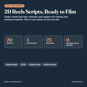 May include: A dark blue digital graphic titled HVAC Video Content: 20 Reels Scripts, Ready to Film. It lists 20 scripts, 4 shots each, 25 seconds, and 0 editing skills needed. Includes tags for Instagram Reels, TikTok, Facebook video, and instant download.