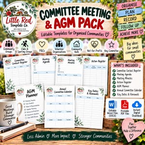 Puede incluir: Un paquete digital para reuniones de comité y AGM con plantillas editables para grupos comunitarios. Incluye un registro de contactos, agenda de reuniones, actas, registro de acciones, planificador de AGM, calendario anual y fechas clave.