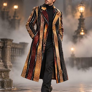 Men's Animal Print Long Coat, Red Gold and Black Statement Overcoat, Striped Leopard Pattern Luxury Menswear
