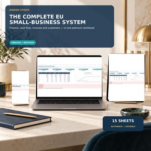 Könnte beinhalten: Ein digitales Arbeitsbuch für Unternehmen auf einem Laptop-Bildschirm, einem Tablet und einem Smartphone. Der Text lautet JOEJESSI STUDIO, THE COMPLETE EU SMALL-BUSINESS SYSTEM, Finance, cash flow, invoices and customers, und 15 SHEETS.